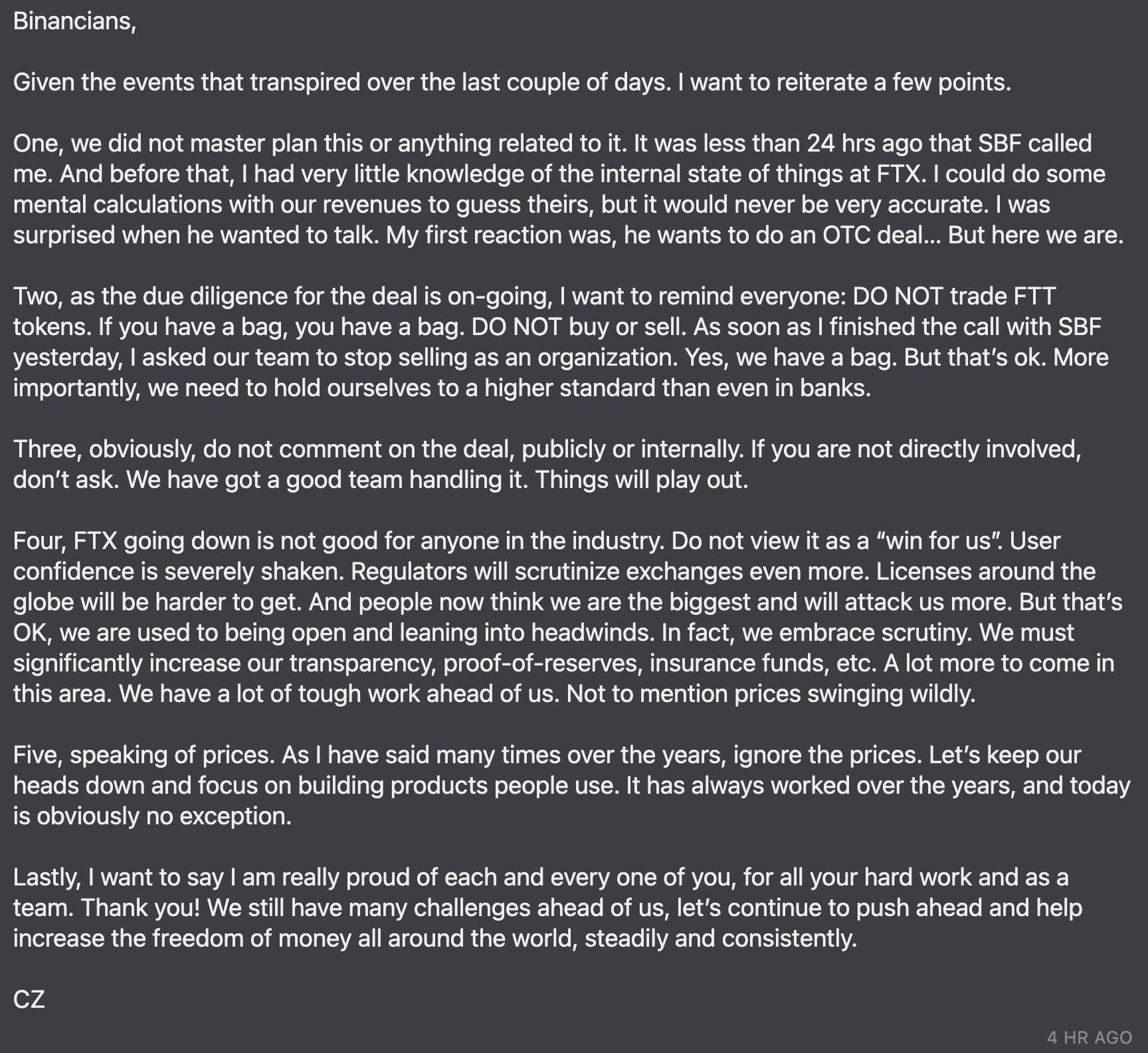 Binance CEO Changpeng Zhao denied responsibility for the fall of FTX exchange