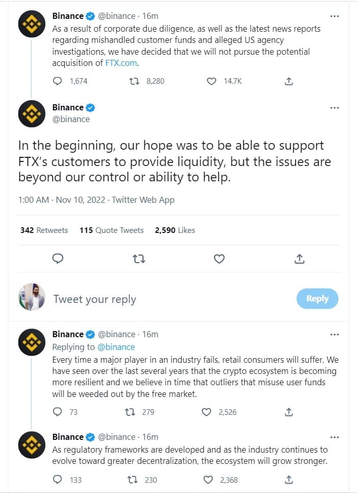 Binance will not buy crypto exchange FTX despite initial offer.