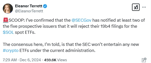 SEC to Reject Solana Spot ETFs. Source: Eleanor Terrett