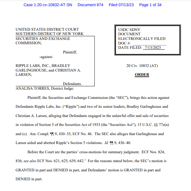 SEC vs. Ripple Court Ruling. Source: US District Court SDNY