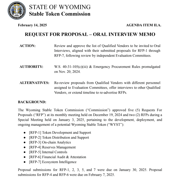 Wyoming Stable Token RFP Memo.