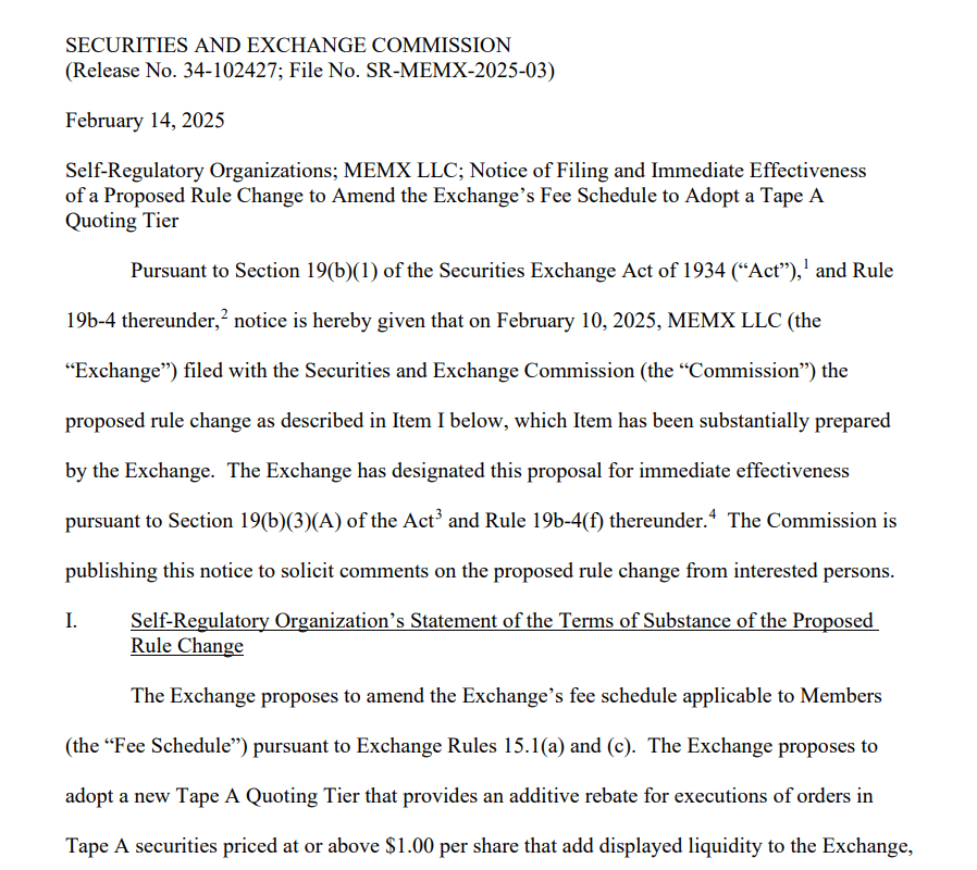 SEC Filing on MEMX LLC's Proposed Rule Change for Tape A Quoting Tier Rebate. Source: Securities and Exchange Commission