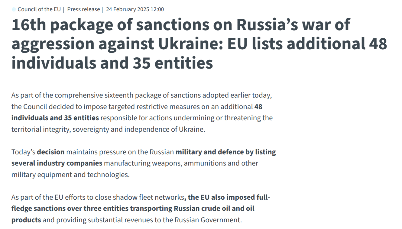 EU Expands Sanctions on Russia, Targets 48 Individuals and 35 Entities in 16th Package. Source: Council of the EU
