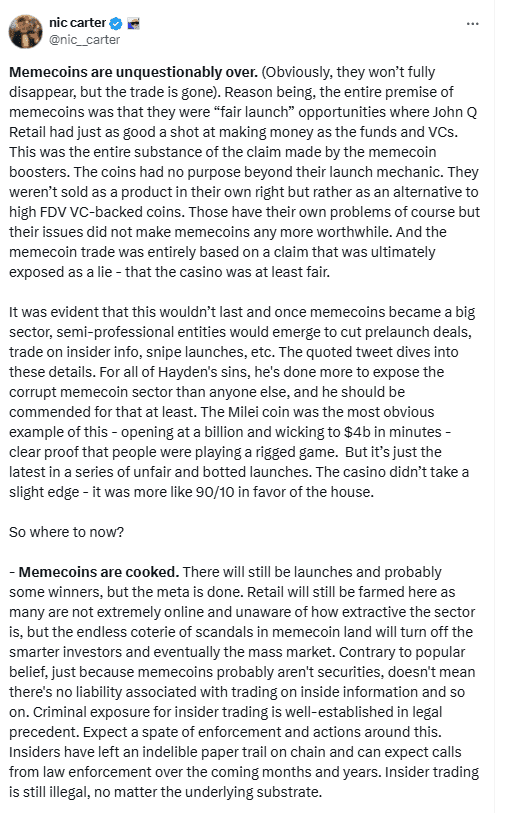 Nic Carter Declares Memecoin Market 
