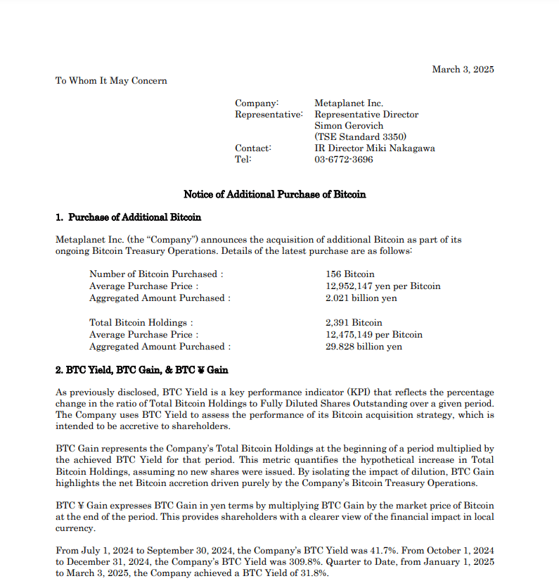Metaplanet Announces Bitcoin Purchase and BTC Yield Performance in Official Statement. Source: Metaplanet Inc.