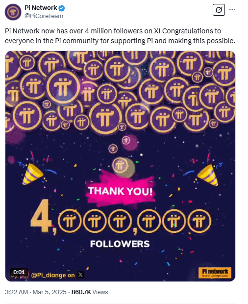 Pi Network Celebrates 4 Million Followers on X With Community Appreciation Post. Source: Pi Network (X)