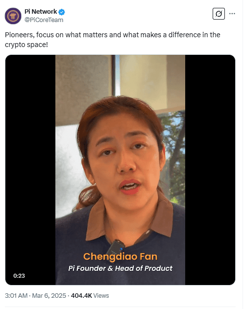 Pi Community’s 188 Million Token Unlock to Have an effect on Over 1 Million Customers 7 Pi Network Co-Founder Chengdiao Fan Addresses Community on Project Focus and Growth. Source: Pi Network (X)