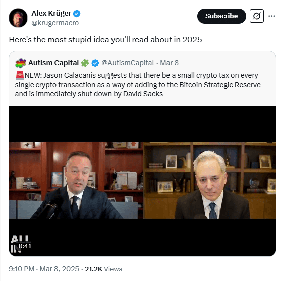 David Sacks Rejects Crypto Transaction Tax Proposal on All-In Podcast. Source: X (@krugermacro)