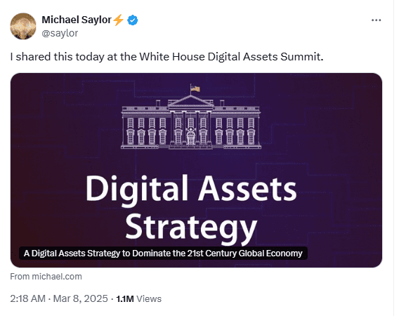 Michael Saylor Unveils Digital Assets Strategy at White House Summit. Source: X
