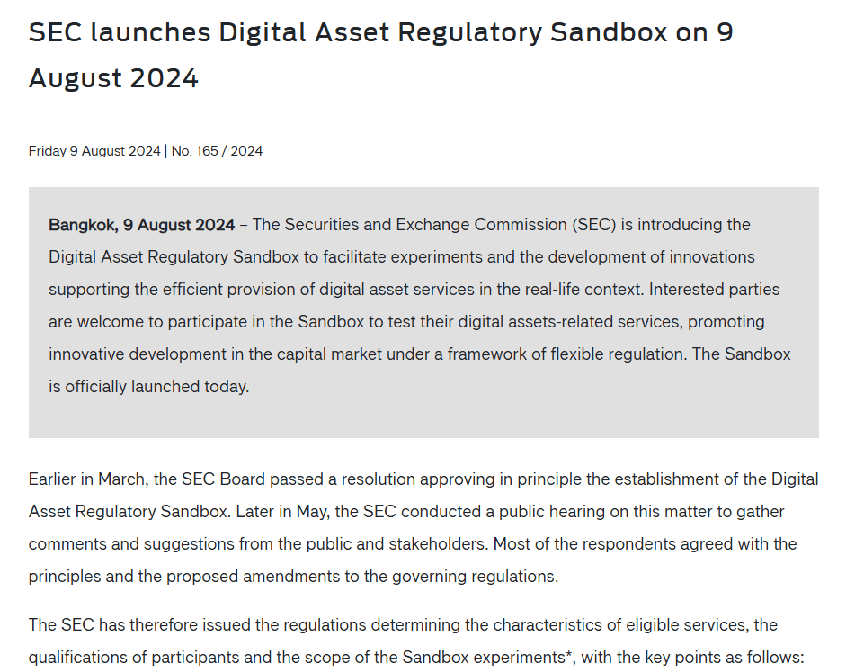 Thailand SEC Introduces Digital Asset Regulatory Sandbox for Crypto Innovation and Compliance. Source: Thailand SEC