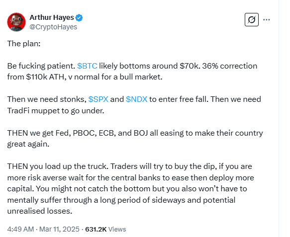 Arthur Hayes Predicts Bitcoin Bottom Near $70K Amid Market Correction. Source: Arthur Hayes