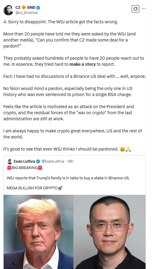 Changpeng Zhao Rejects Wall Street Journal Claims on Trump Pardon and Binance.US Deal. Source: X