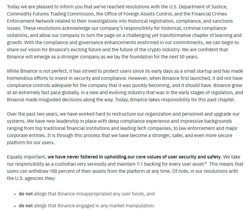 Binance Announces Settlement with U.S. Agencies, Acknowledges Compliance Failures. Source: Binance