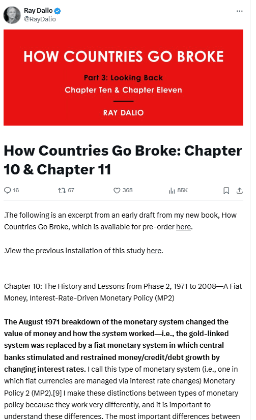 Ray Dalio on Monetary Policy Shifts and Economic Crises from His Book ‘How Countries Go Broke.’ Source: X (@RayDalio)