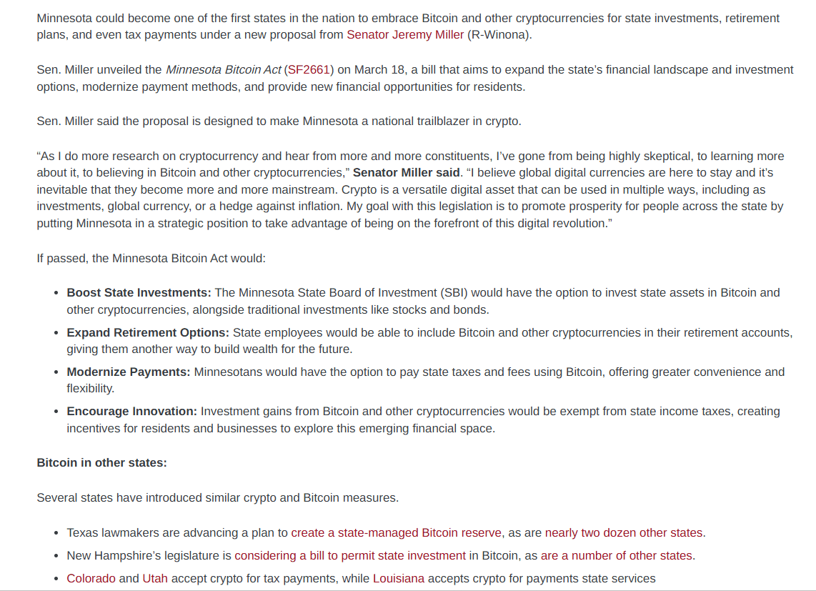 Minnesota Bitcoin Act Proposal by Senator Jeremy Miller Gains Attention. Source: