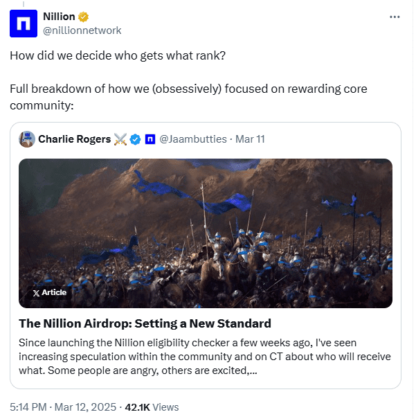 Nillion (NIL) Airdrop Ranking Criteria Explained with Community Reward Breakdown. Source: Nillion Network