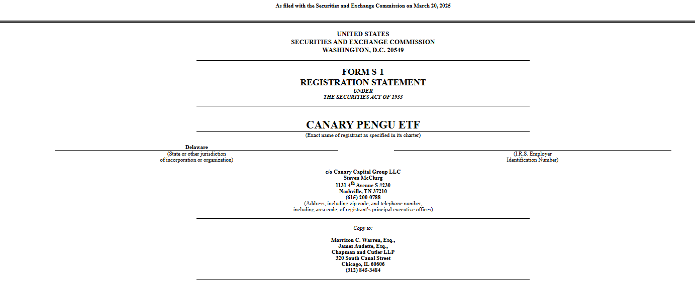 SEC Filing for Canary Pengu ETF Registration. Source: U.S. Securities and Exchange Commission