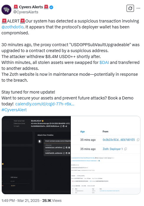 Zoth Protocol Deployer Wallet Breached, Hacker Steals $8.4M in Crypto. Source: Cyvers Alerts