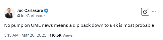 Analyst Joe Carlasare Predicts Bitcoin Dip to $84K After No Reaction to GameStop News. Source: Joe Carlasare