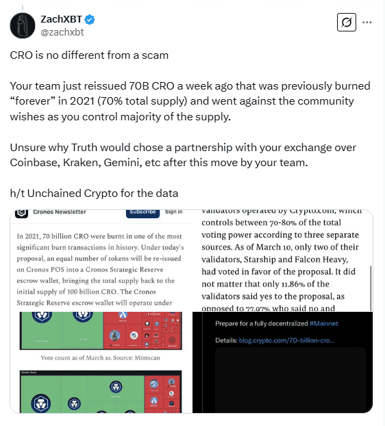 ZachXBT Criticizes Crypto.com for Re-Issuing 70B CRO Tokens, Calling It a Betrayal. Source: X