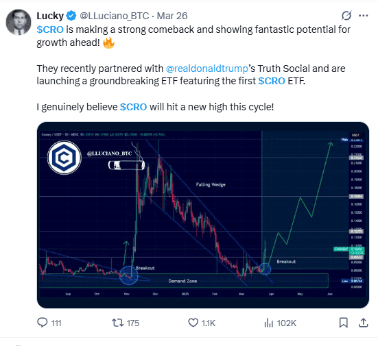 Crypto Analyst Lucky Predicts CRO's Strong Comeback with Bullish Outlook and New ETF Partnership. Source: X