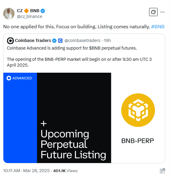 CZ Comments on Coinbase Adding BNB Perpetual Futures: Listing Comes Naturally. Source: Twitter (@cz_binance)