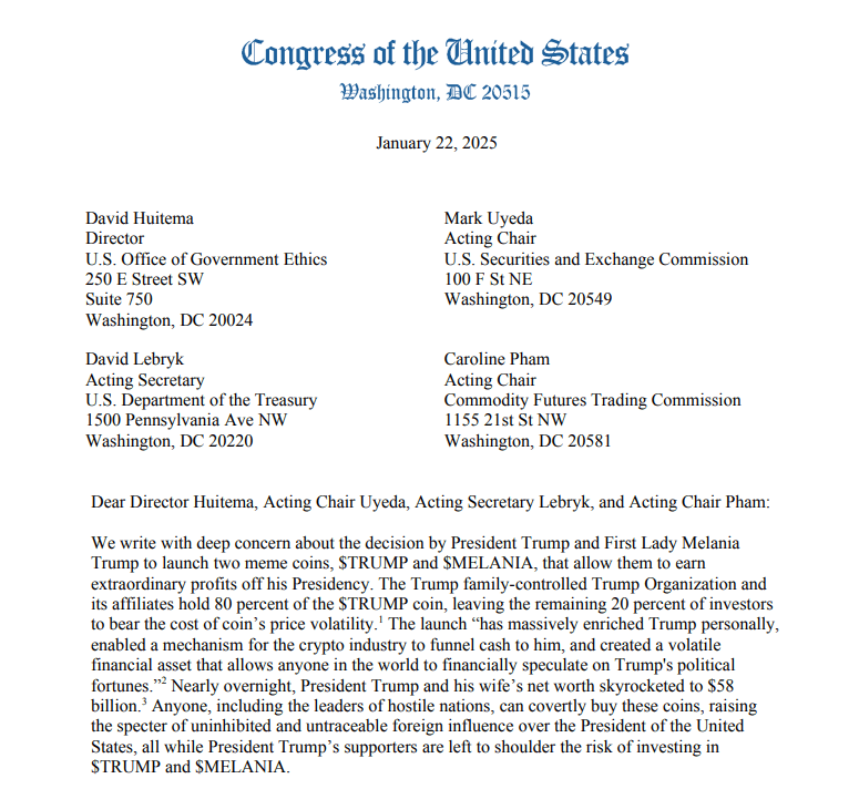 Congressional Letter on Trump's Meme Coins $TRUMP and $MELANIA Raises Ethical and Regulatory Concerns. Source: U.S. Congress