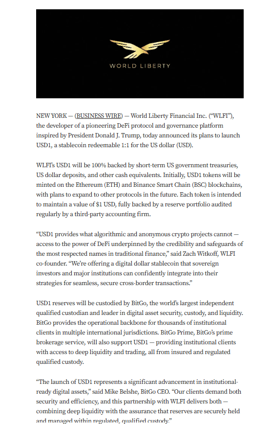 World Liberty Financial Announces USD1 Stablecoin Backed by US Dollar Reserves, Launches with BitGo Custody. Source: Business Wire