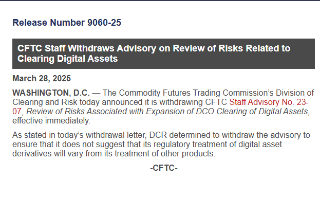 CFTC Officially Withdraws Staff Advisory 23-07 on Crypto Clearing Risks. Source: Commodity Futures Trading Commission