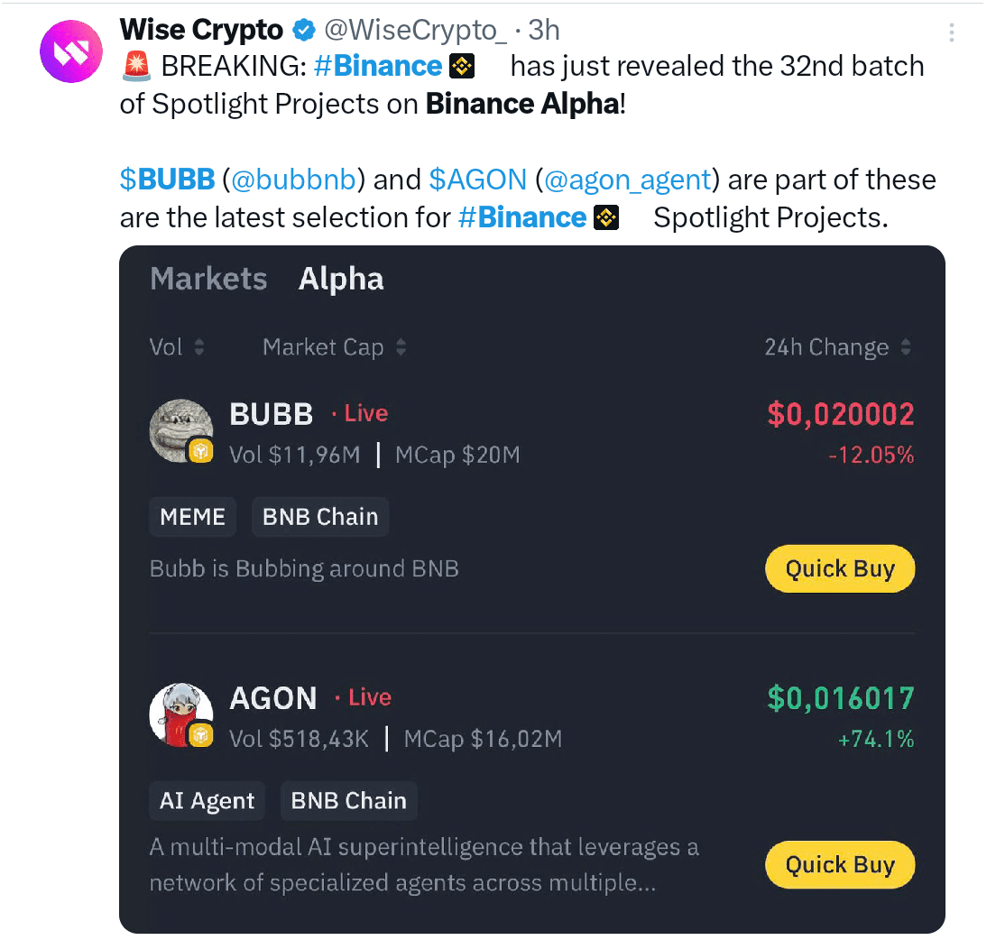 Binance Alpha Launches BUBB and AGON Tokens