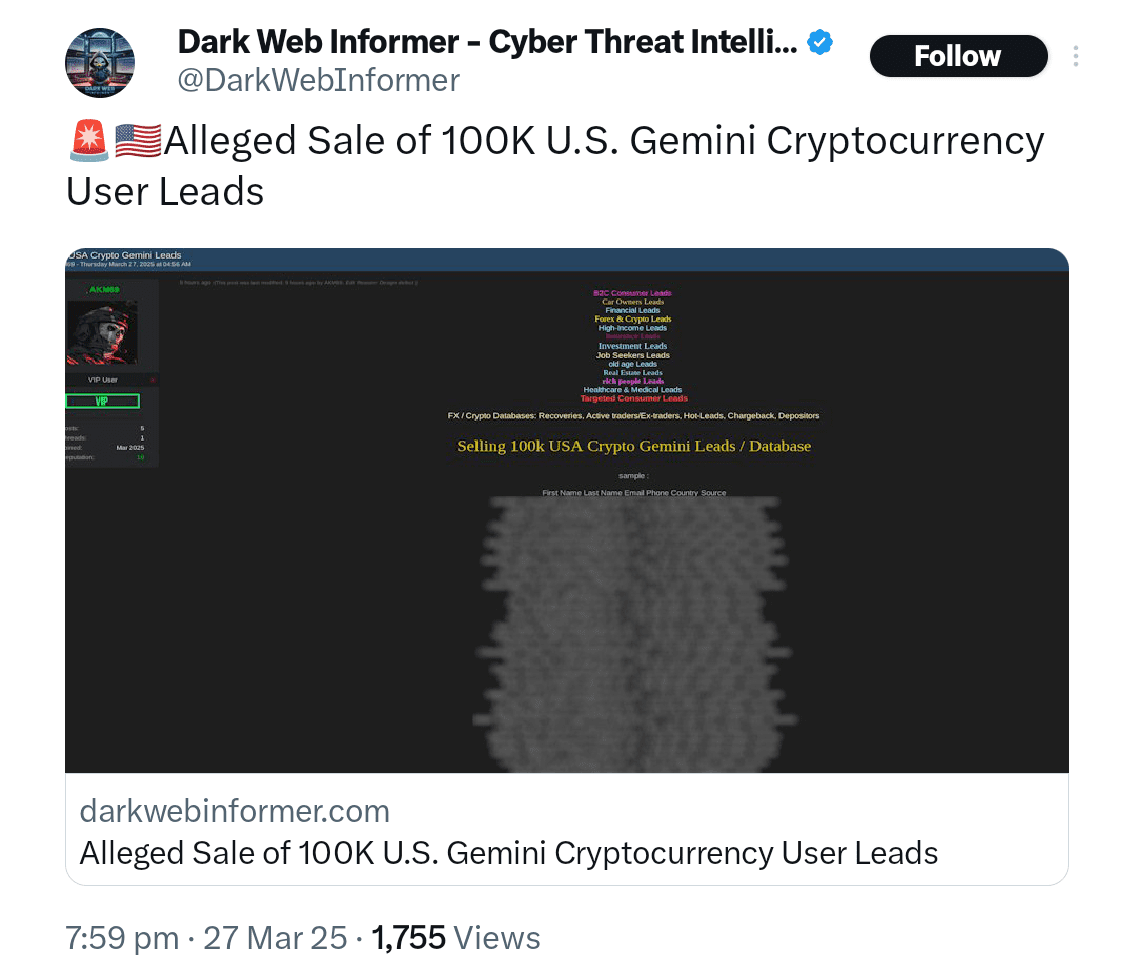 Dark Web Informer reported that a hacker is selling a database with 100,000 records of Gemini users
