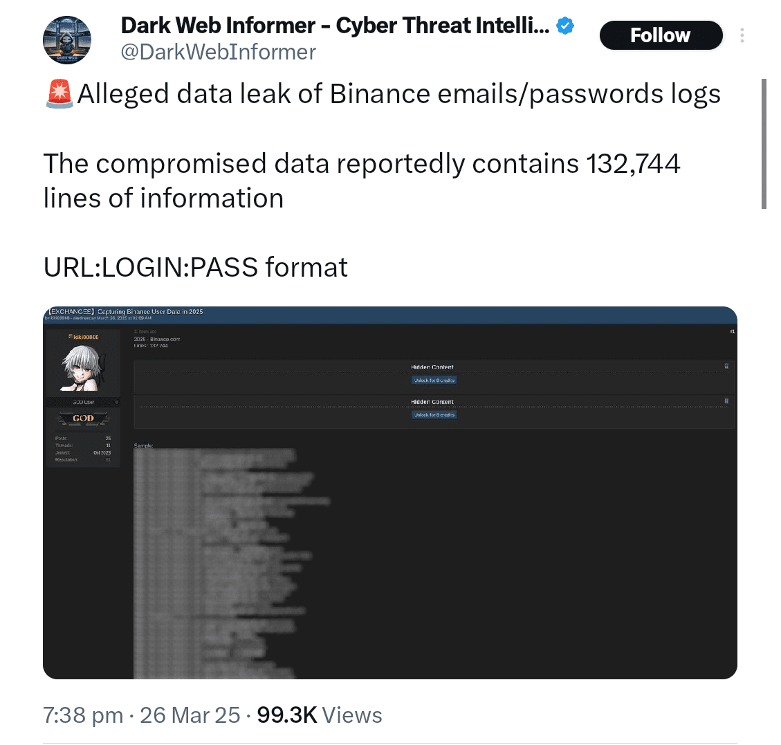 Binance Data Also Listed for Sale