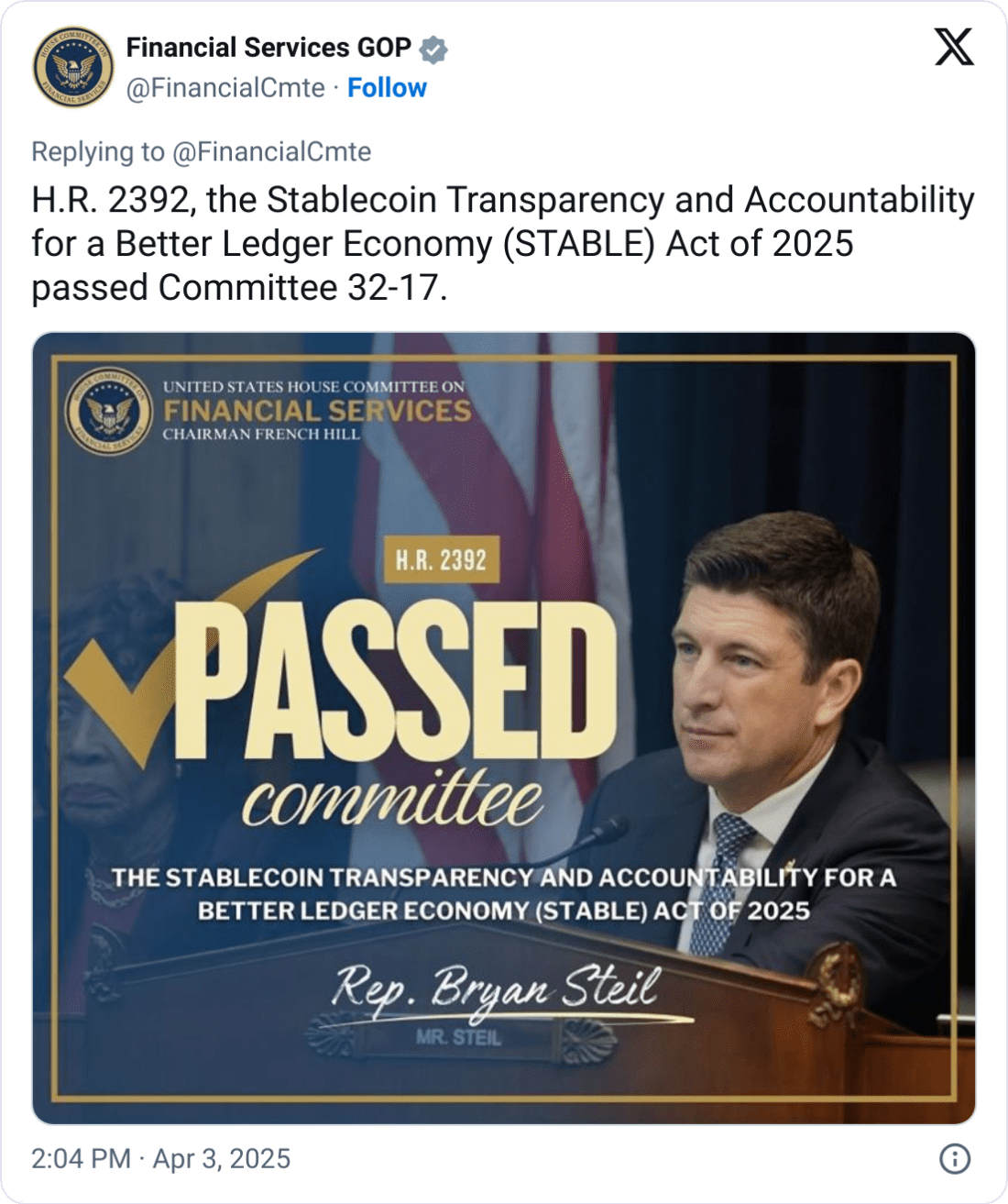 STABLE Act of 2025 Passes Committee with 32–17 Vote Under Bryan Steil’s Leadership. Source: Financial Services GOP