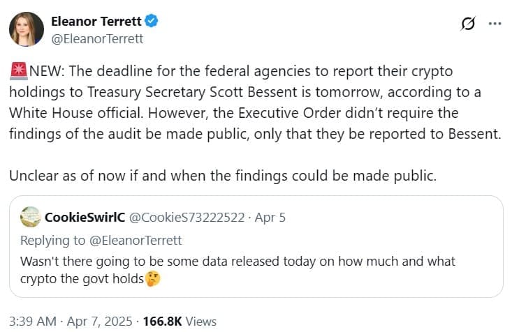 Eleanor Terrett Confirms April 7 Deadline for Crypto Reports to Treasury Secretary Scott Bessent. Source: X