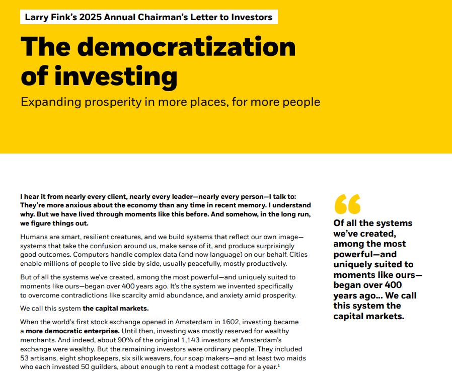 Larry Fink Highlights Capital Markets' 400-Year History in 2025 Letter to Investors. Source: BlackRock