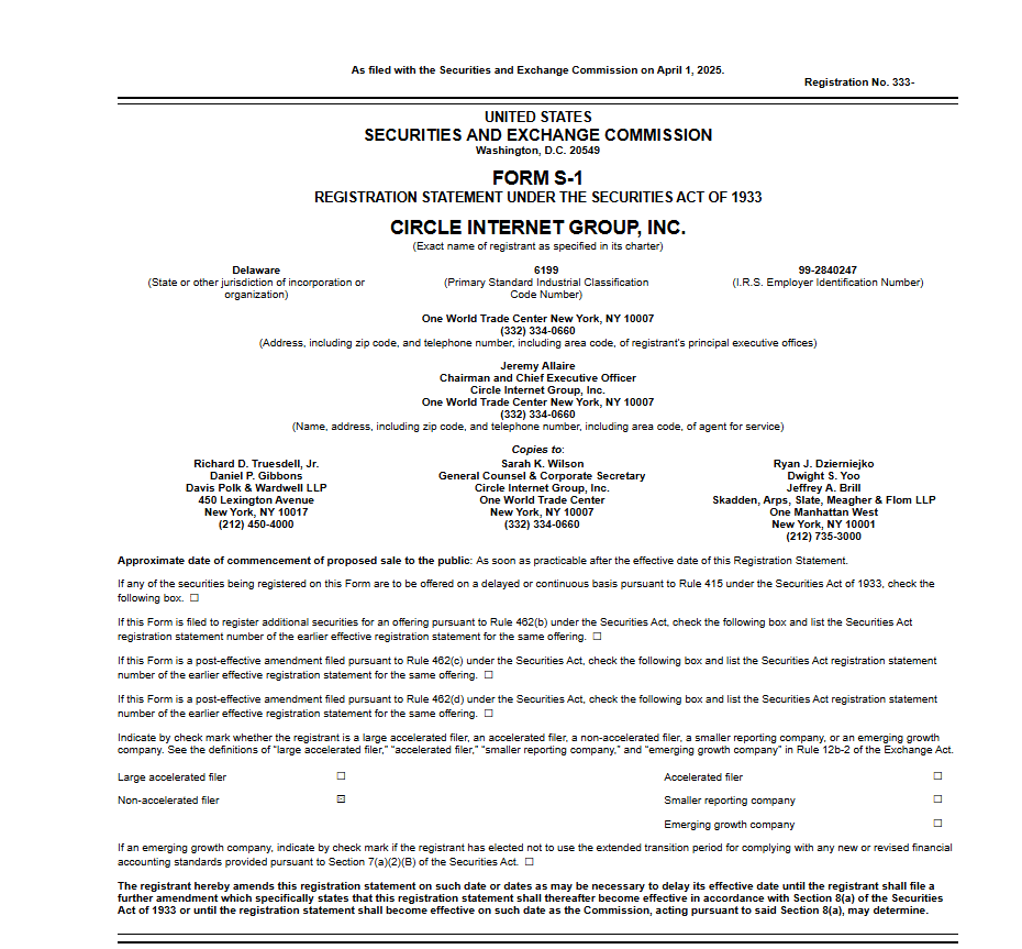 Circle Internet Group Files Form S-1 for CRCL IPO on NYSE. Source: SEC