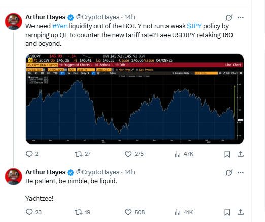 Arthur Hayes Calls for Yen Liquidity and Predicts USDJPY Surge Amid QE Talks. Source: X @CryptoHayes
