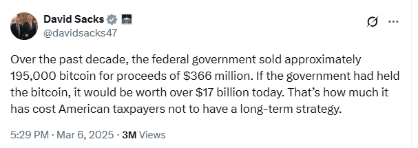 David Sacks Reveals $17 Billion Loss from Government’s Bitcoin Sales Without Long-Term Strategy. Source: X