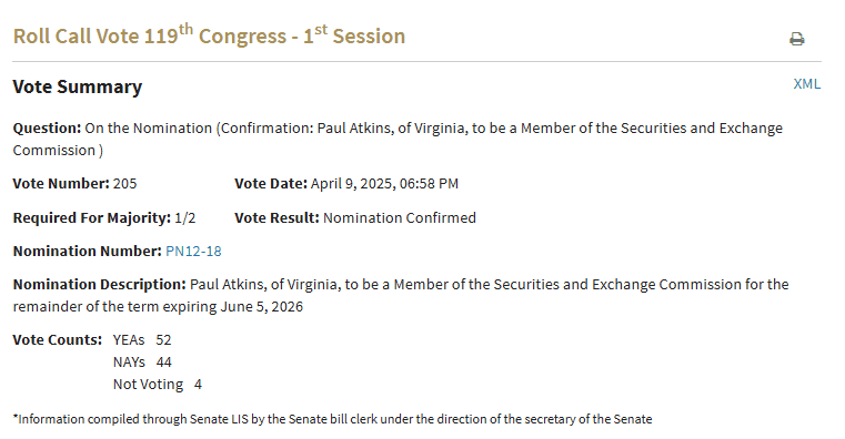 Paul Atkins SEC Confirmation Vote. Source: U.S. Senate