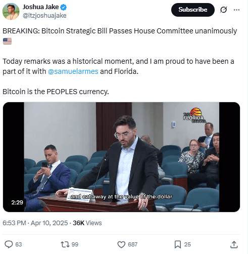  Joshua Jake Supports Florida Bitcoin Bill. Source: Joshua Jake on X