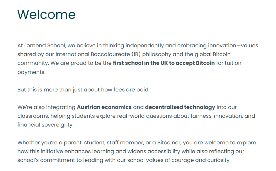 Lomond School Bitcoin Tuition Announcement. Source: Lomond School