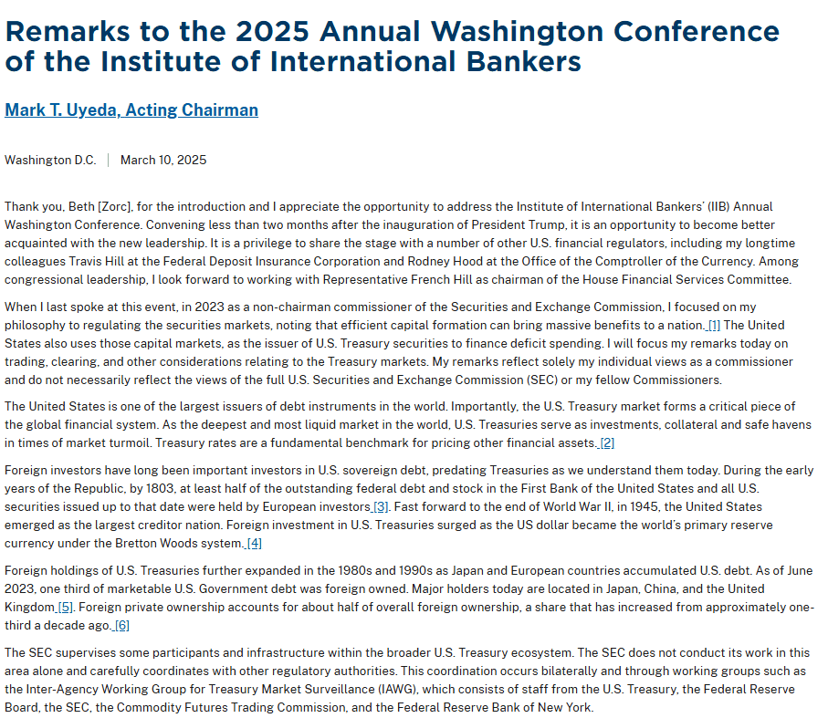 Mark Uyeda Washington Treasury Remarks. Source: SEC.gov