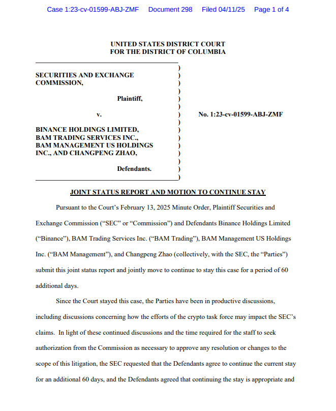 SEC and Binance Lawsuit Pause Filing. Source: CourtListener