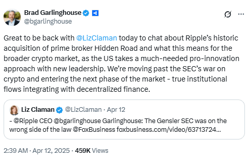 Brad Garlinghouse Talks Ripple Strategy with Liz Claman. Source: X