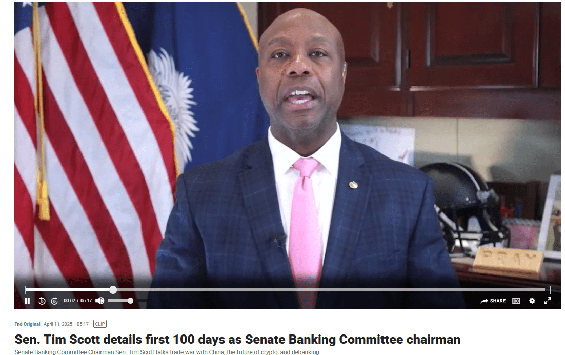 Tim Scott on Crypto and Senate Banking Progress. Source: Fox News