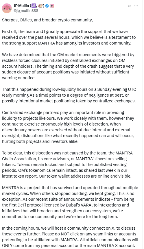 JP Mullin Blames Exchanges for OM Crash. Source: JP Mullin on X