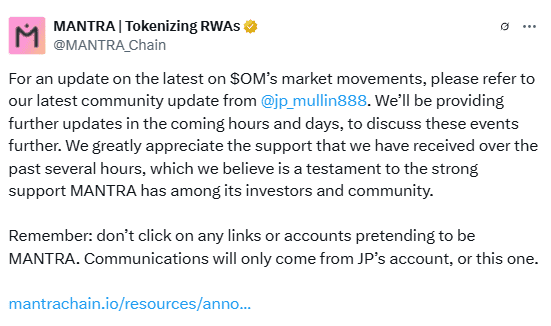 MANTRA Issues Official OM Update Warning. Source: MANTRA Chain on X