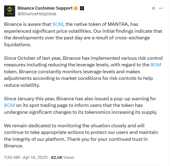 Binance Cites Liquidations in OM Token Crash. Source: BinanceHelpDesk on X