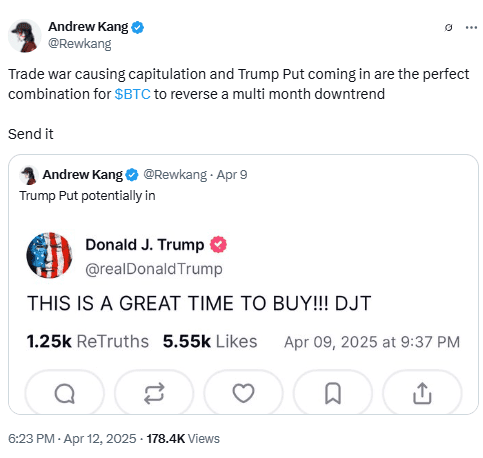 Andrew Kang Reacts to Trump BTC Post. Source: X/@Rewkang