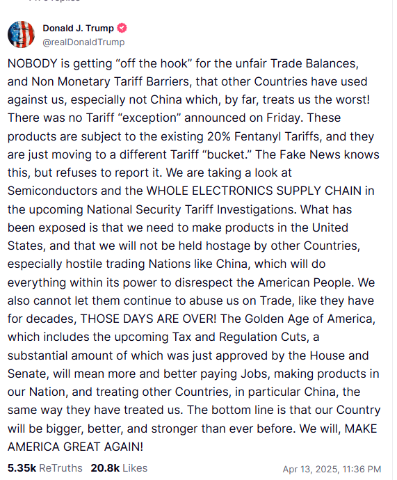 Trump Clarifies No Tariff Exception. Source: Truth Social